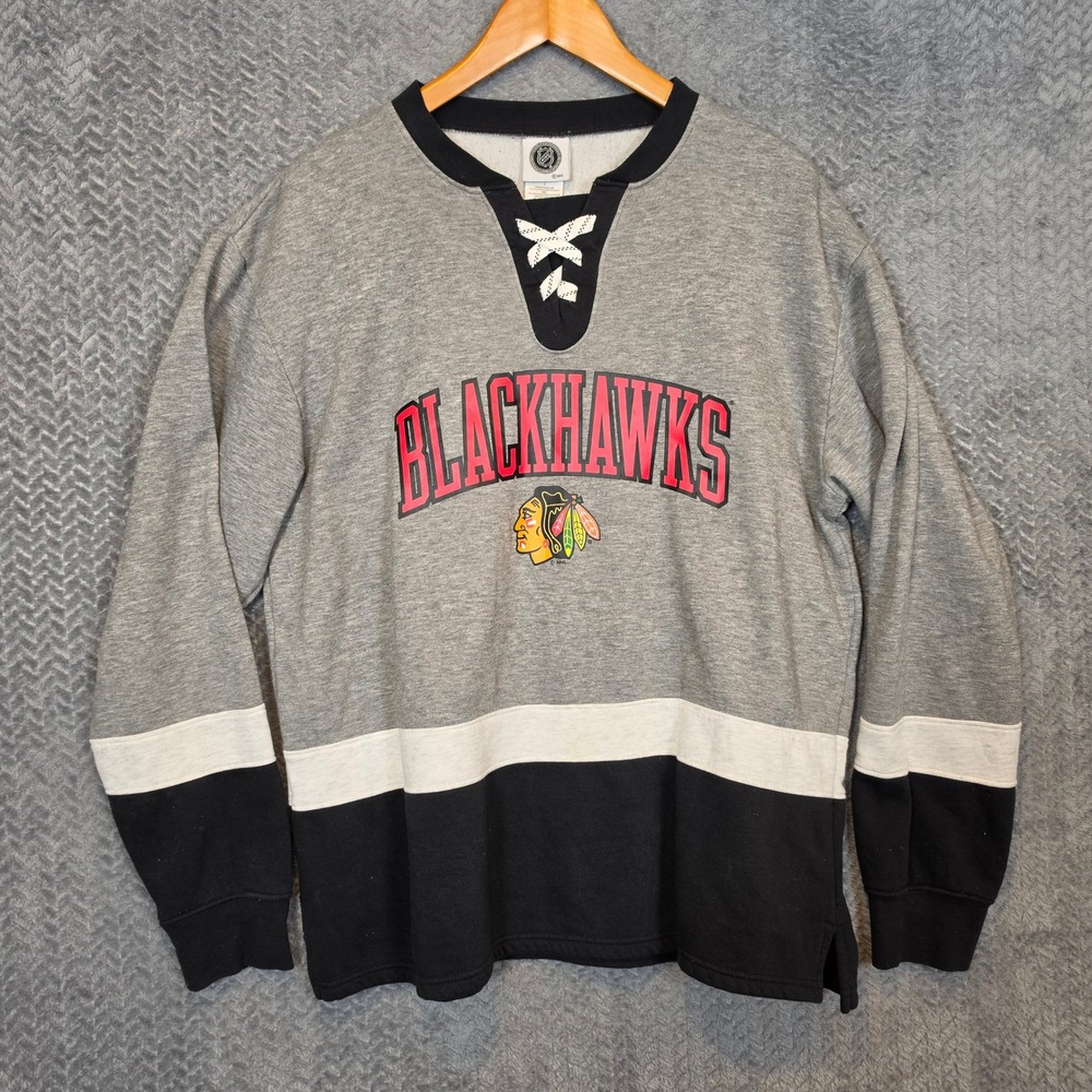 NHL Chicago Blackhawks Mens Large Lace Up Hockey Jersey Pullover Sweatshirt Grey